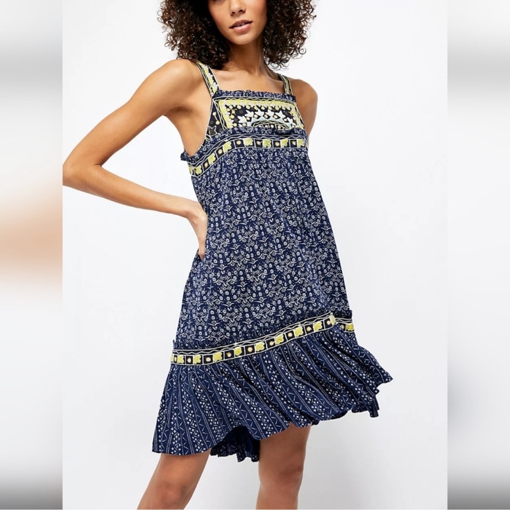Free People “Borderline” Navy Blue Floral Swing Tank Embroidered Sundress XS - Picture 2 of 9